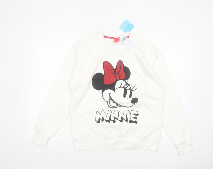 Disney Women White Minnie Mouse Cotton Blend Pullover Sweatshirt S
