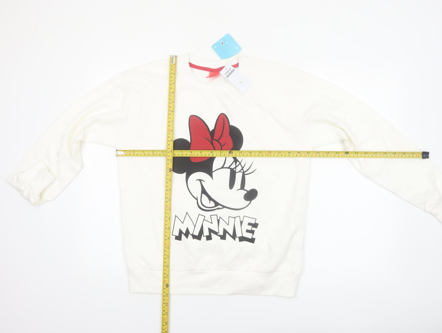 Disney Women White Minnie Mouse Cotton Blend Pullover Sweatshirt S
