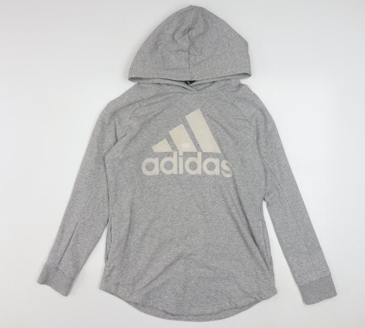 Adidas Women Grey Hooded Pullover Sweatshirt Size M 12-14 Cotton Blend