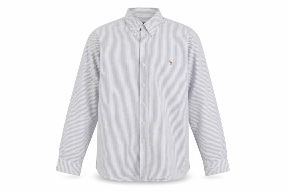 Front view of Ralph Lauren Men's Blue Striped Cotton Classic Button-Down Shirt 17/34