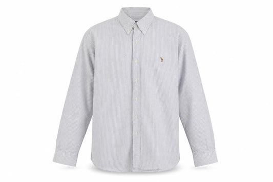 Front view of Ralph Lauren Men's Blue Striped Cotton Classic Button-Down Shirt 17/34