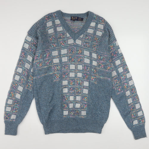 Leroy Knit Mens Blue Geometric V-Neck Wool Blend Jumper Size S