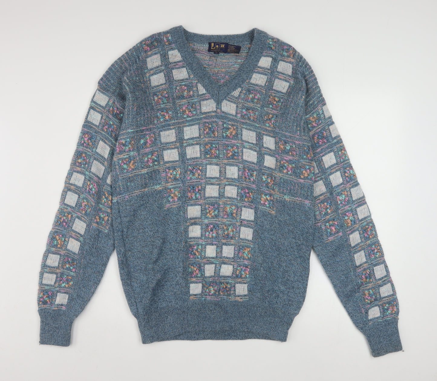 Leroy Knit Mens Blue Geometric V-Neck Wool Blend Jumper Size S