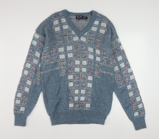 Leroy Knit Mens Blue Geometric V-Neck Wool Blend Jumper Size S