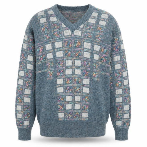 Leroy Knit Mens Blue Geometric V-Neck Wool Blend Jumper Size S