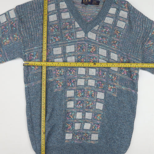 Leroy Knit Mens Blue Geometric V-Neck Wool Blend Jumper Size S