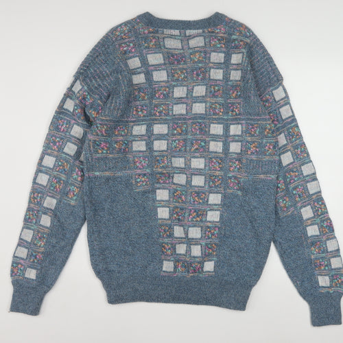Leroy Knit Mens Blue Geometric V-Neck Wool Blend Jumper Size S