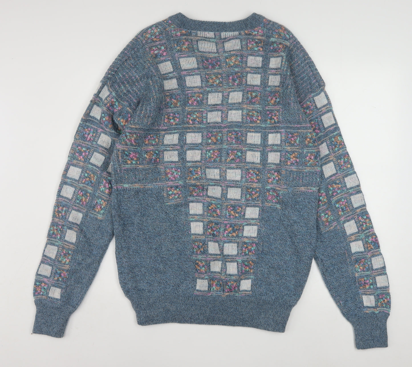 Leroy Knit Mens Blue Geometric V-Neck Wool Blend Jumper Size S