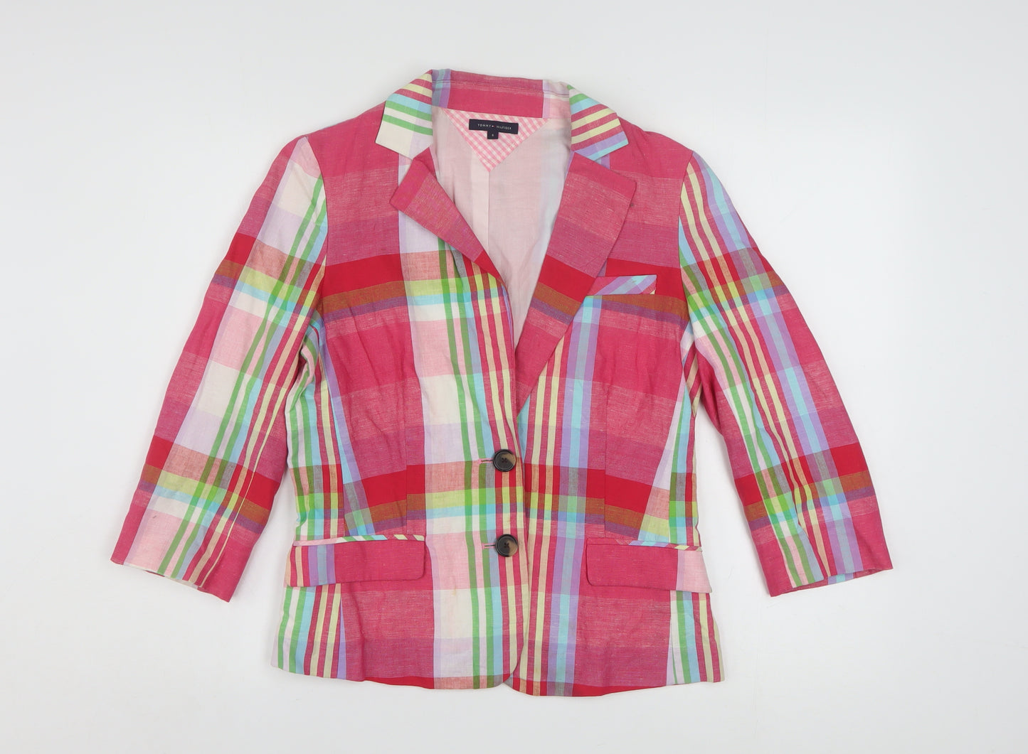Tommy Hilfiger Womens Multicoloured Checked Blazer Size 8 Cotton Linen