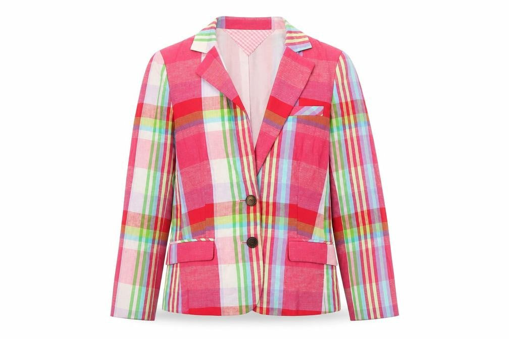 Front view of Tommy Hilfiger women’s multicoloured checked blazer, size UK 8, cotton linen
