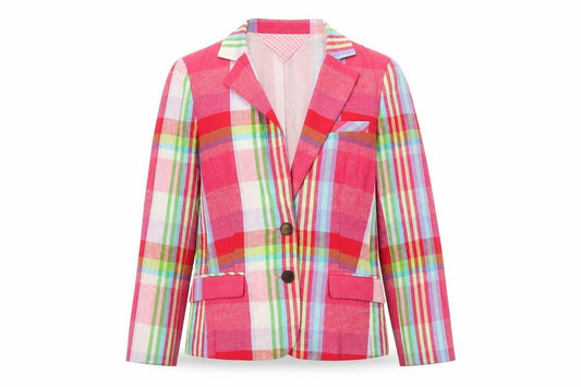 Front view of Tommy Hilfiger women’s multicoloured checked blazer, size UK 8, cotton linen