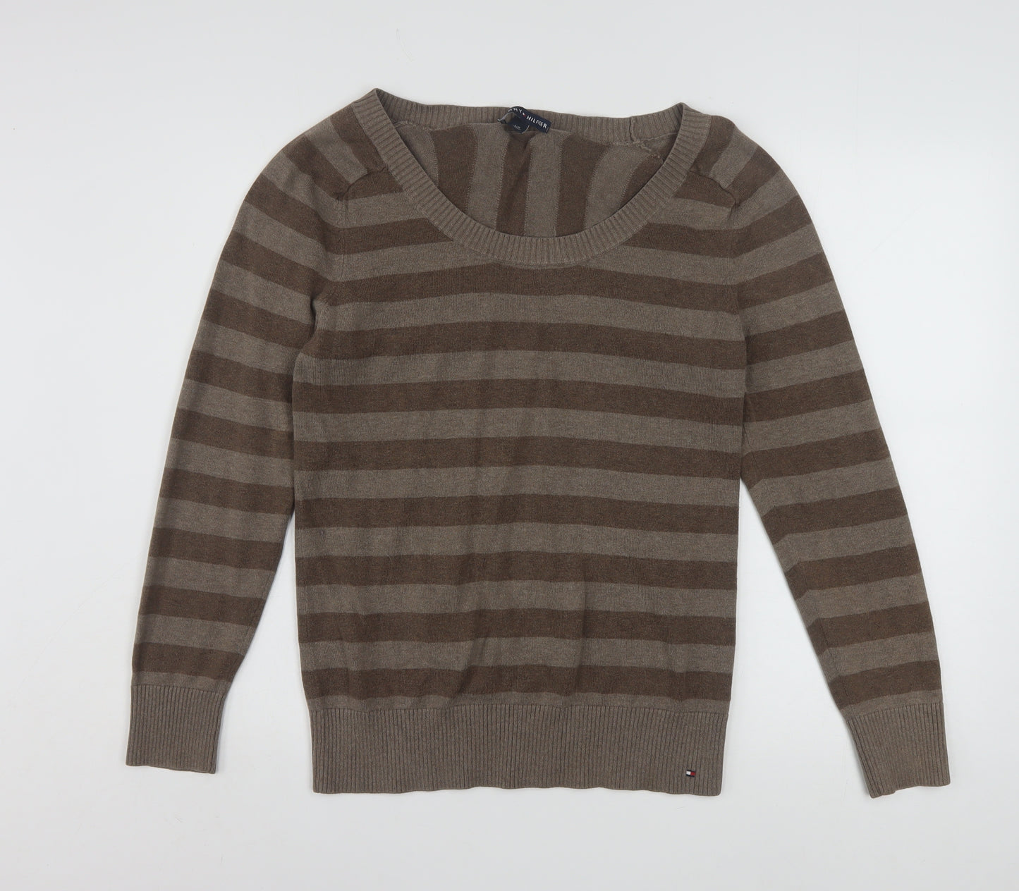 Tommy Hilfiger Men's Brown Striped Crew Neck Jumper Size L