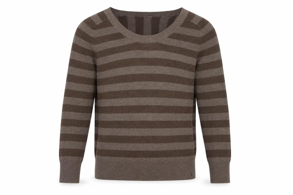 Front view of Tommy Hilfiger Men's Brown Striped Crew Neck Jumper, size L