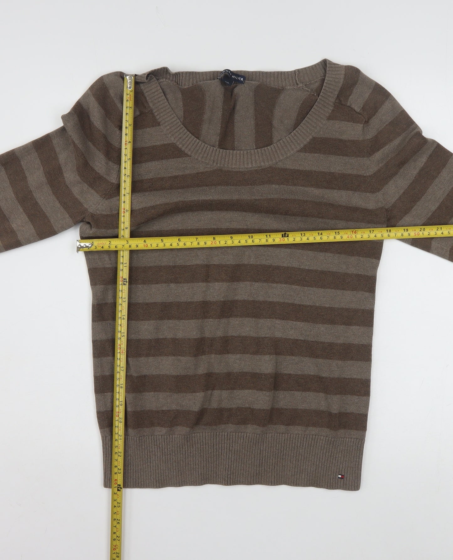 Tommy Hilfiger Men's Brown Striped Crew Neck Jumper Size L