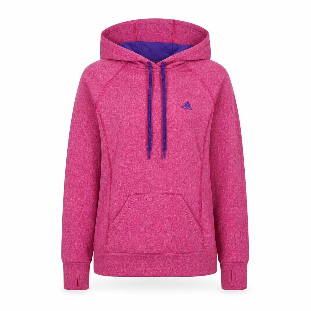 Front view of Adidas women’s pink pullover hoodie small lightweight athletic
