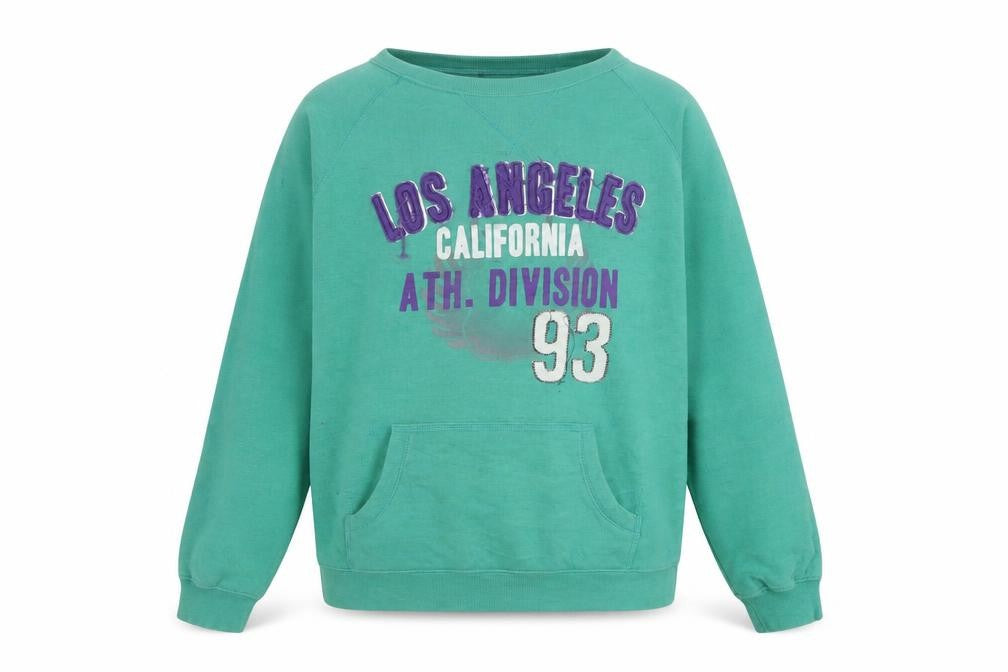 Front view of Girl Express Women's Green Los Angeles Graphic Pullover Sweatshirt, size 10
