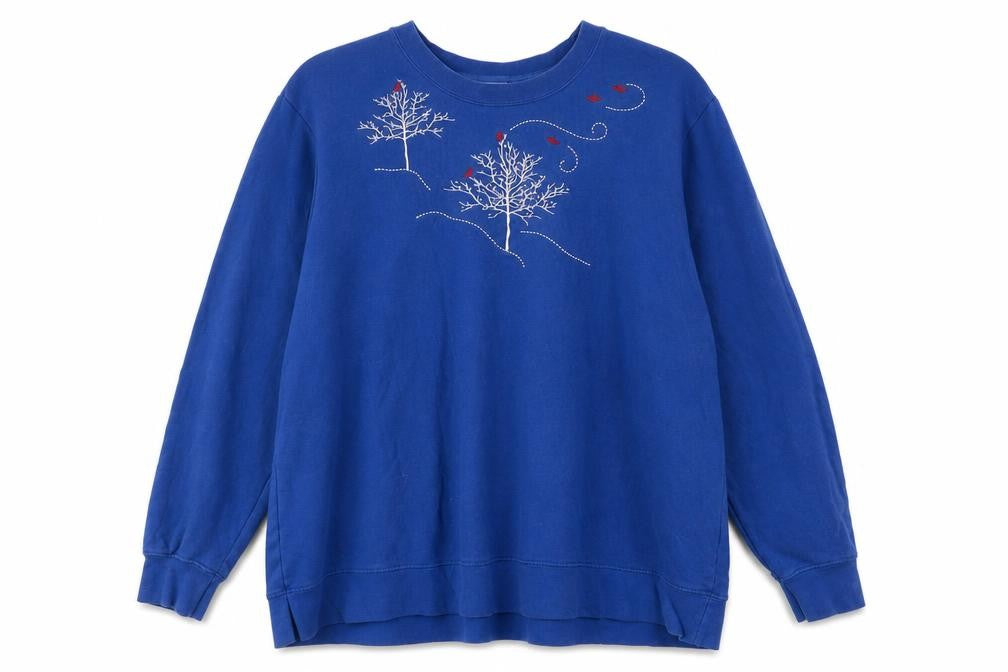 Front view of Holiday Editions women’s blue embroidered pullover sweatshirt, size 2XL