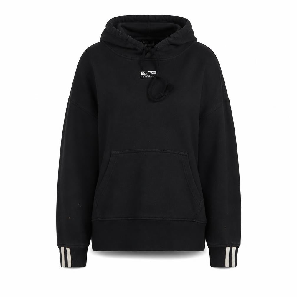 Front view of Adidas Women Black, size 10, Pullover Hoodie with Striped Cuffs