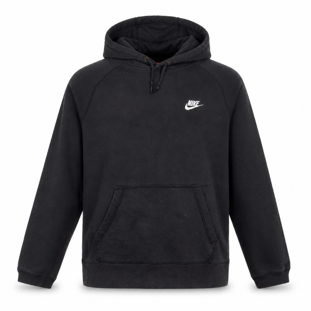 Front view of Nike Men's Black Pullover Hoodie, size M, Logo Fleece Sweatshirt