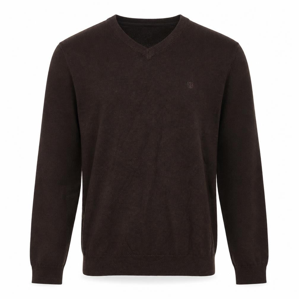 Front view of Henry Choice Men's Brown V-Neck Cotton Jumper, size S