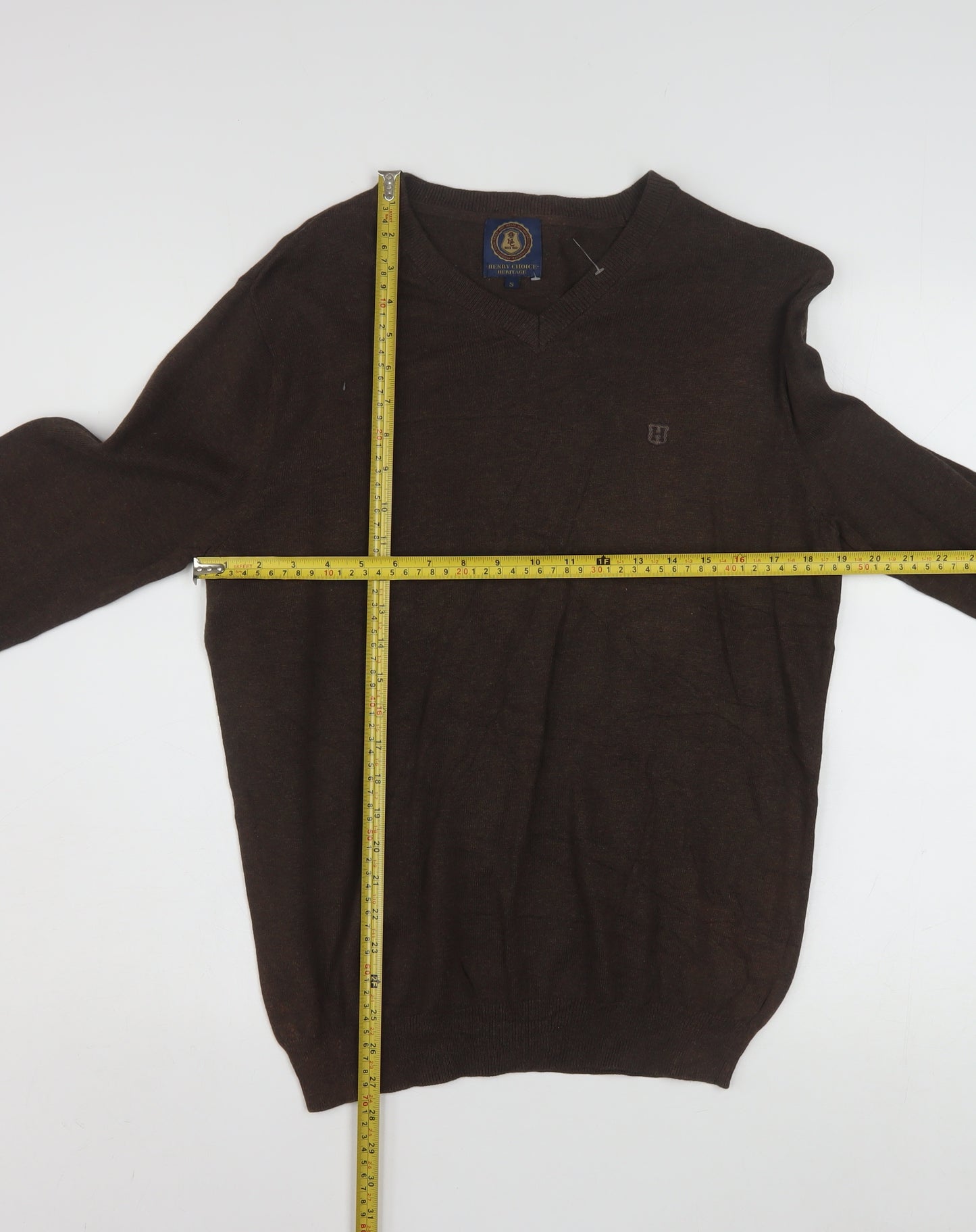 Henry Choice Men's Brown V-Neck Cotton Jumper Size S