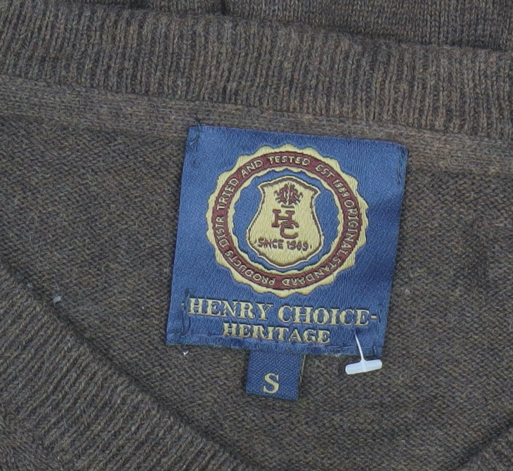 Henry Choice Men's Brown V-Neck Cotton Jumper Size S