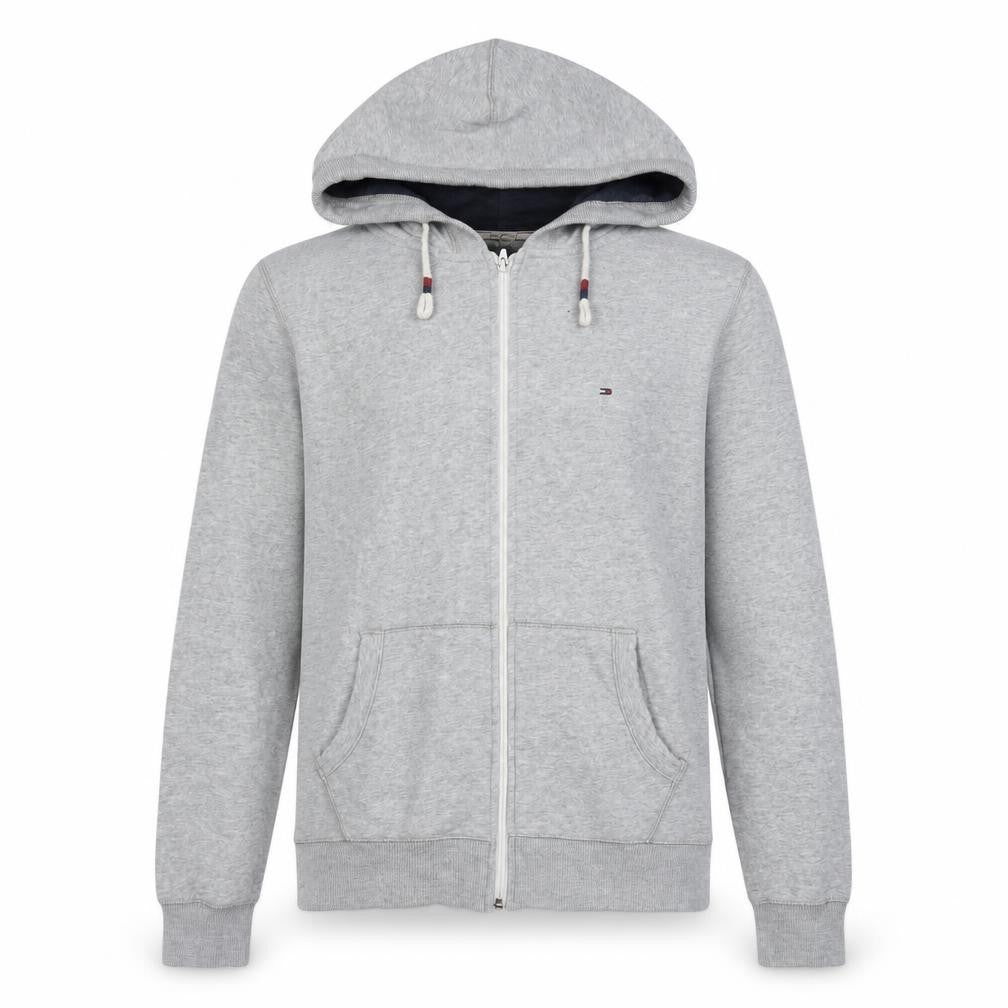Front view of Hilfiger Denim Men's Grey Full Zip Hoodie, size S