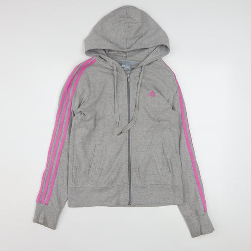 Adidas Women Grey Full Zip Hoodie Size 12 Cotton Blend Hooded Sweatshirt