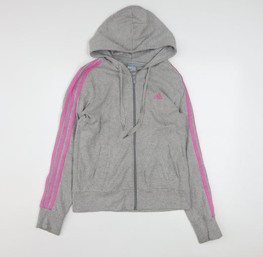 Adidas Women Grey Full Zip Hoodie Size 12 Cotton Blend Hooded Sweatshirt