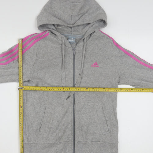 Adidas Women Grey Full Zip Hoodie Size 12 Cotton Blend Hooded Sweatshirt