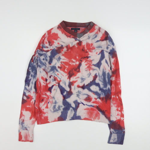 Tommy Hilfiger Women Red Blue Tie-Dye Cotton V-Neck Sweatshirt L 12-14