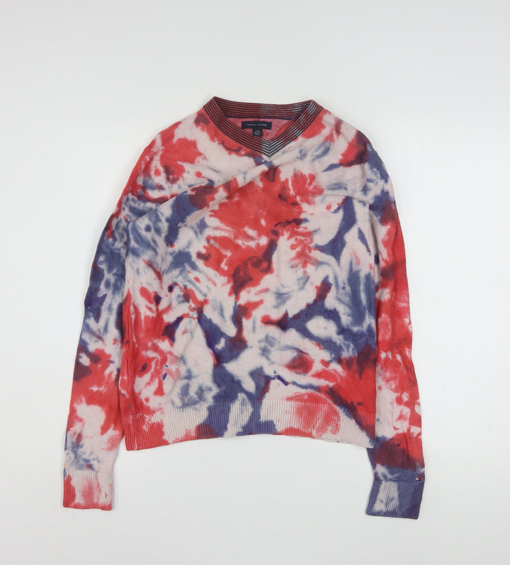 Tommy Hilfiger Women Red Blue Tie-Dye Cotton V-Neck Sweatshirt L 12-14