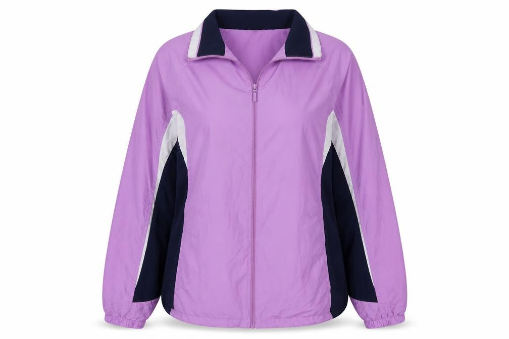 Front view of Cheetah women’s purple windbreaker jacket, size UK 14, lined full zip
