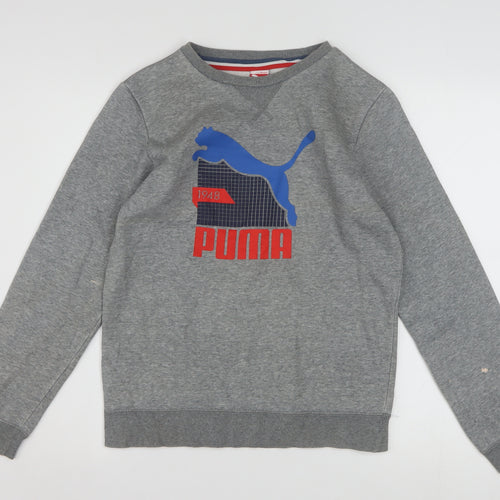 Puma Boys Grey 164 Pullover Crew Neck Sweatshirt with Logo Graphic