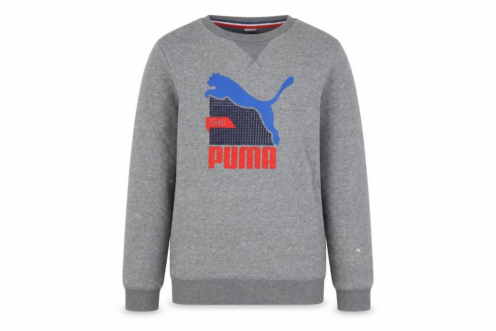 Front view of Puma boys’ grey 164 pullover crew neck sweatshirt with logo graphic
