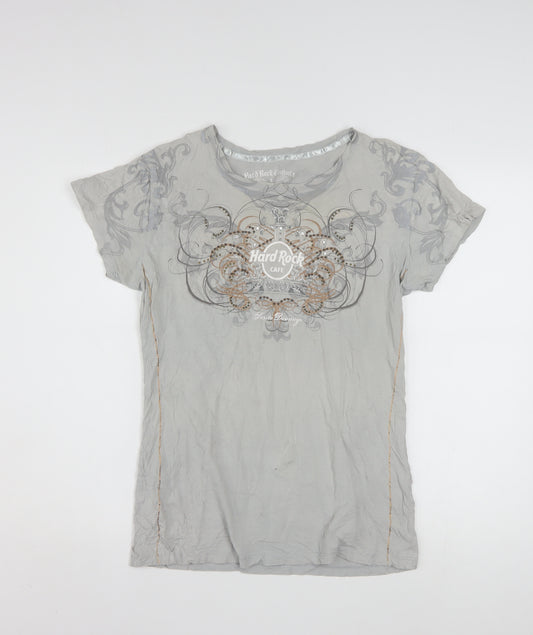 Hard Rock Women Grey Rhinestone T-Shirt L Short Sleeve Crew Neck