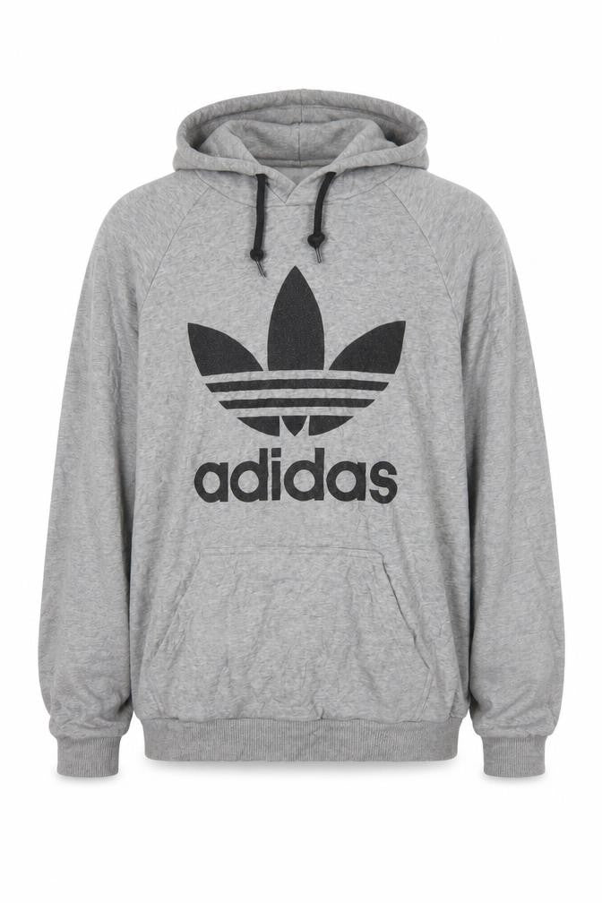 Front view of Adidas men’s grey pullover hoodie m graphic logo sportswear