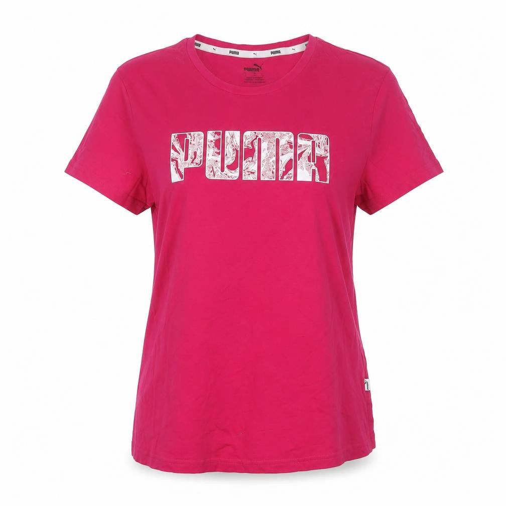 Front view of Puma women’s pink basic crew neck short sleeve t-shirt, size L