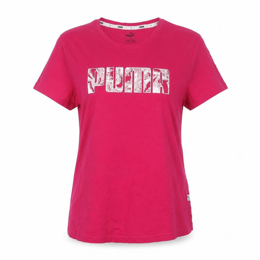 Front view of Puma women’s pink basic crew neck short sleeve t-shirt, size L