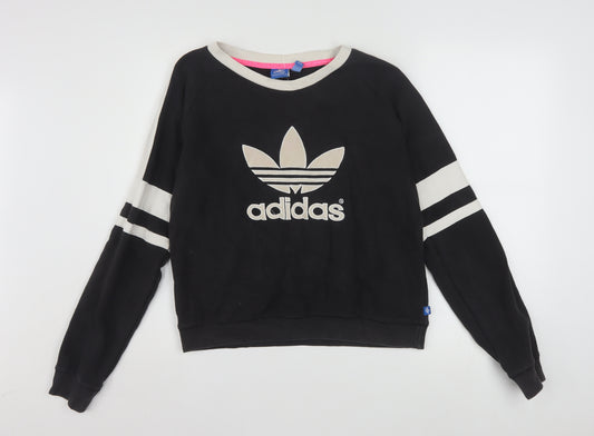 Adidas Women Black Beige Logo Crew Neck Long Sleeve Sweatshirt Size 10