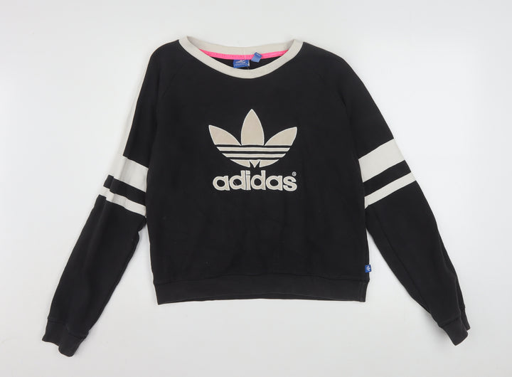 Adidas Women Black Beige Logo Crew Neck Long Sleeve Sweatshirt Size 10
