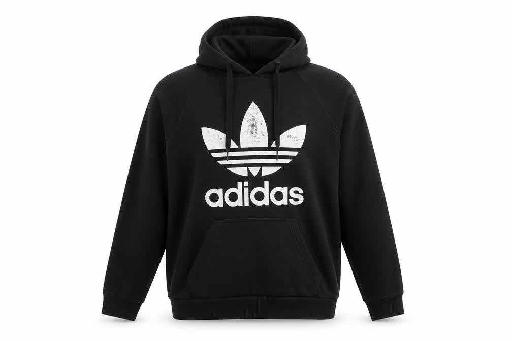 Front view of Adidas men’s black pullover hoodie logo fleece sweatshirt, size M