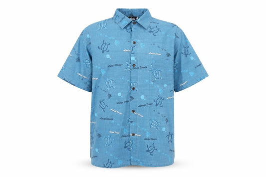 Front view of Malihini Hawaii Men’s Blue XL Hawaiian Turtle Button-Up Shirt