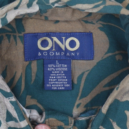 ONO & Company Men's Green Floral Hawaiian Shirt L Short Sleeve Cotton Viscose