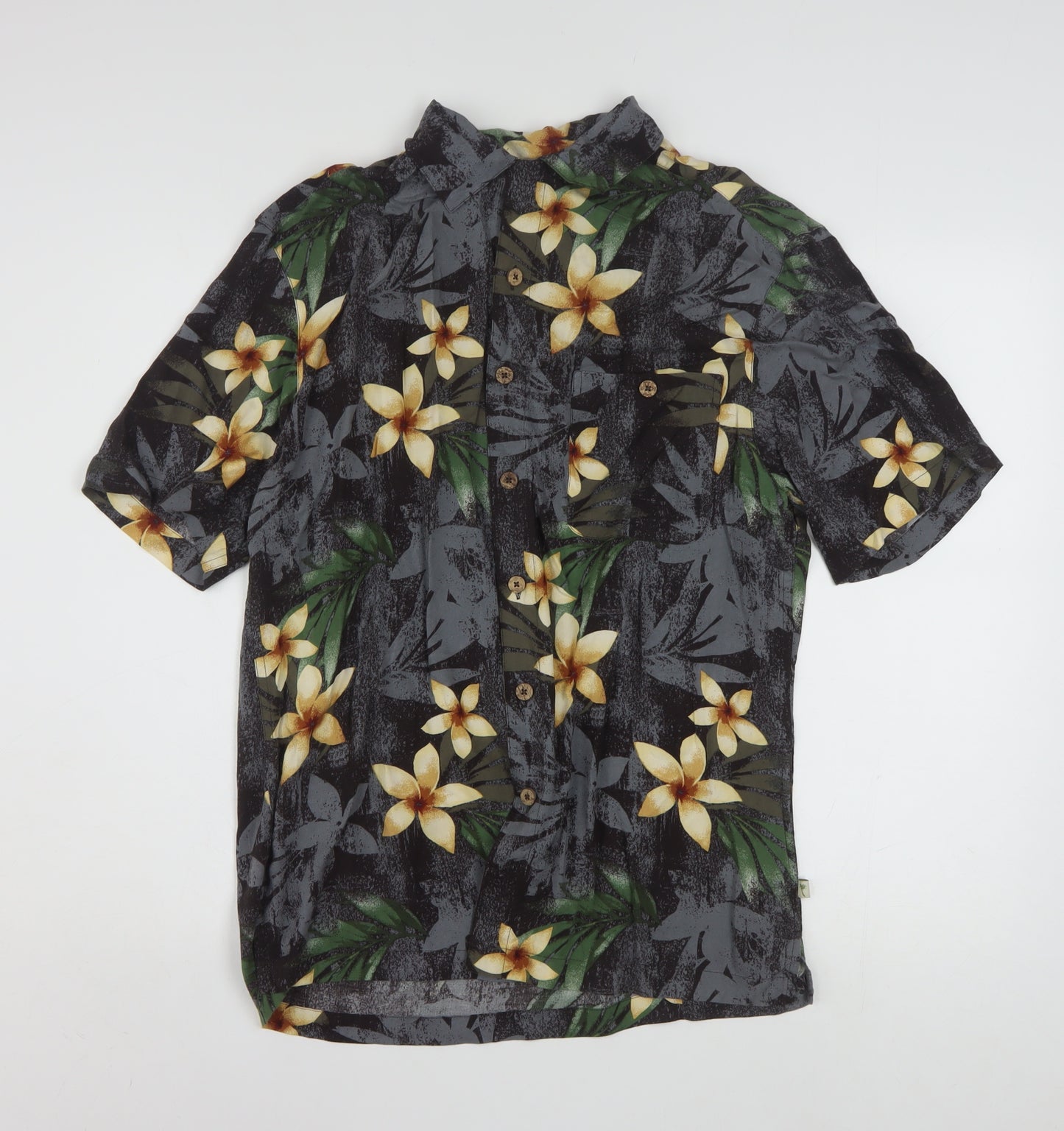 Island Shores Men's Black Floral Hawaiian Rayon Short Sleeve Shirt S