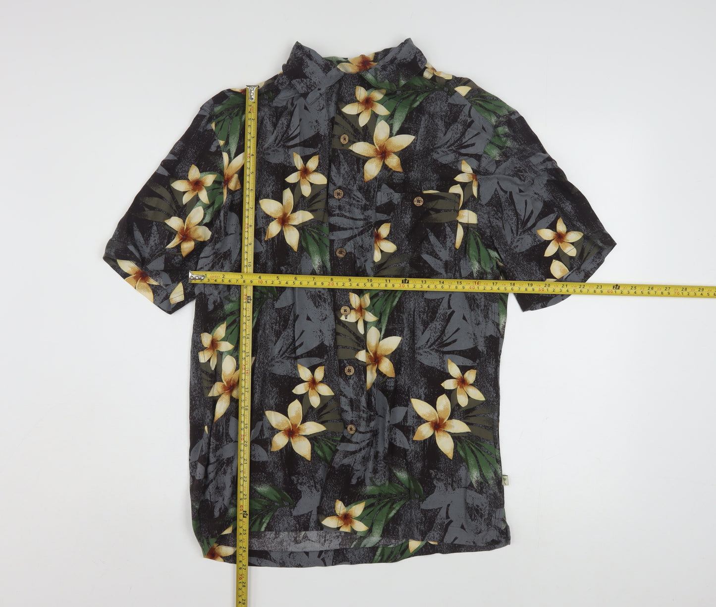 Island Shores Men's Black Floral Hawaiian Rayon Short Sleeve Shirt S