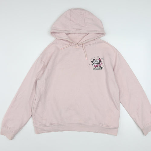 Disney Women Pink Hooded Pullover Hoodie UK 10/12 Small Minnie Mouse Print