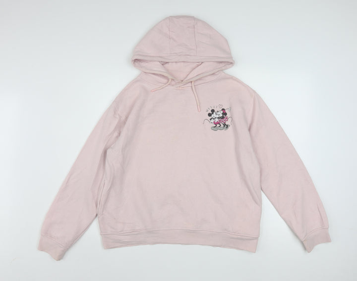 Disney Women Pink Hooded Pullover Hoodie UK 10/12 Small Minnie Mouse Print