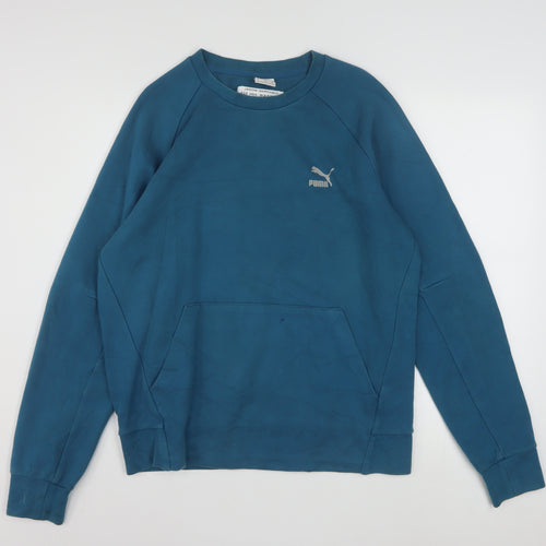 Puma Men Blue Pullover Sweatshirt Medium Logo Cotton Blend