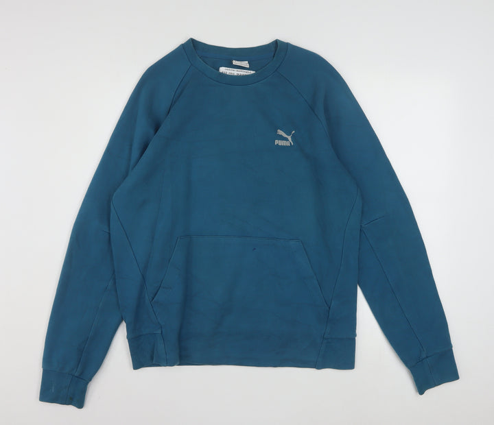 Puma Men Blue Pullover Sweatshirt Medium Logo Cotton Blend